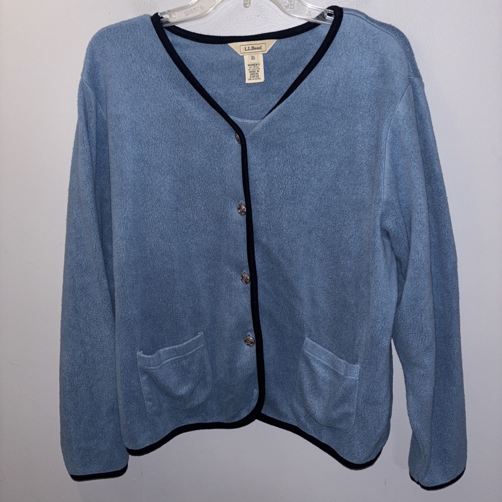 LL Bean Fleece Cardigan Jacket Blue Contrast Trim Button Down Women's XL